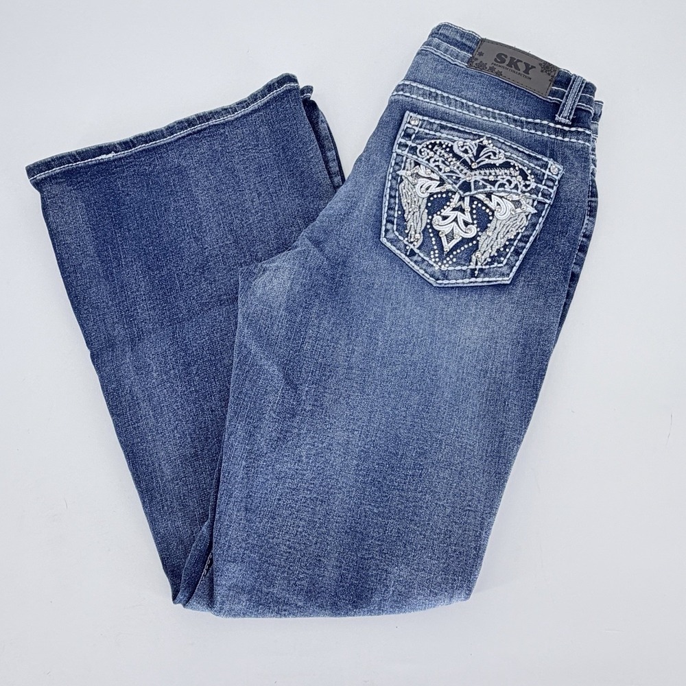 SKY Premium Collection Supersoft Flare Jeans Womens 11/12 Blue Rhinestone Cross